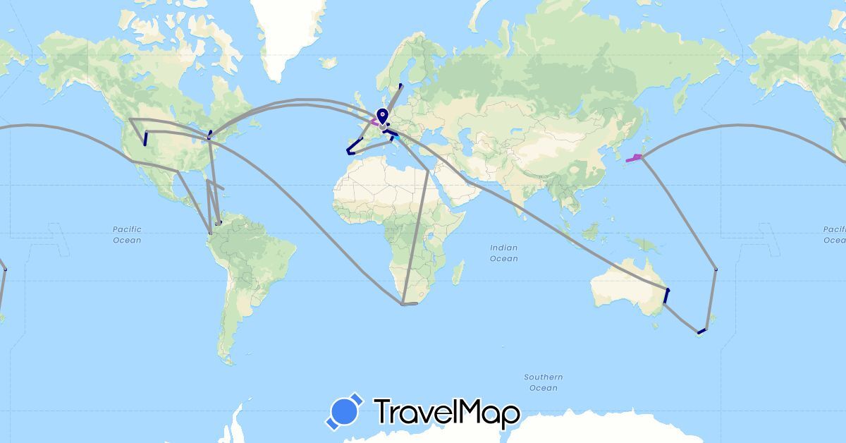 TravelMap itinerary: driving, plane, train, boat in Australia, Canada, Switzerland, Colombia, Germany, Ecuador, Egypt, Spain, Fiji, France, Croatia, Italy, Japan, New Zealand, Portugal, Qatar, Sweden, Turks and Caicos Islands, United States, South Africa (Africa, Asia, Europe, North America, Oceania, South America)
